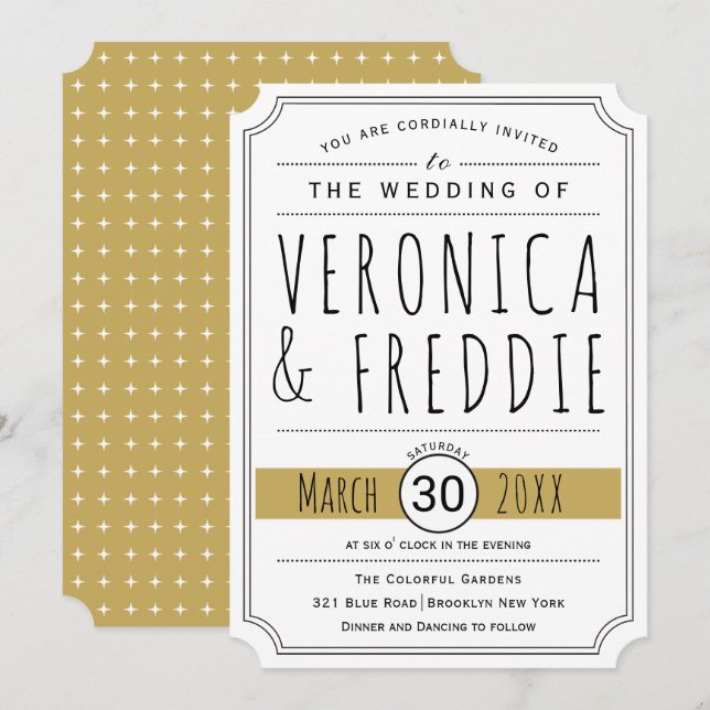Modern typography gold wedding invitation (Front/Back)