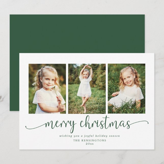 Modern Typography Green Christmas Holiday 3 Photo (Front/Back)