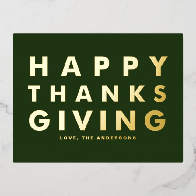 Modern Typography Green Happy Thanksgiving Gold Foil Holiday Postcard (Front)