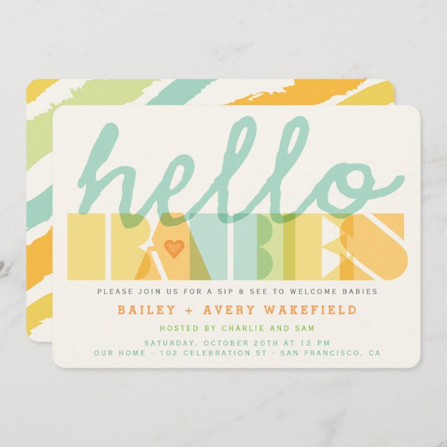 Modern Typography Hello Babies Twins Sip & See Invitation (Front/Back)