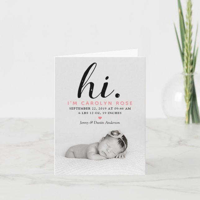 Modern Typography "Hi." Photo Birth Announcement (Front)