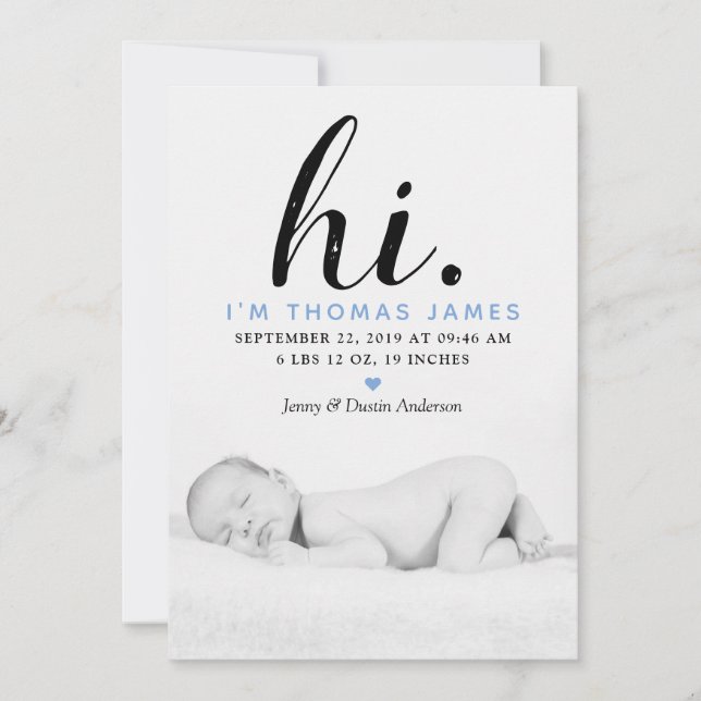 Modern Typography "Hi." Photo Birth Announcement (Front)