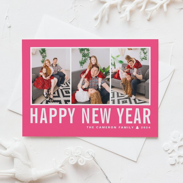 Modern Typography Hot Pink Photo Collage New Year Holiday Card (Creator Uploaded)