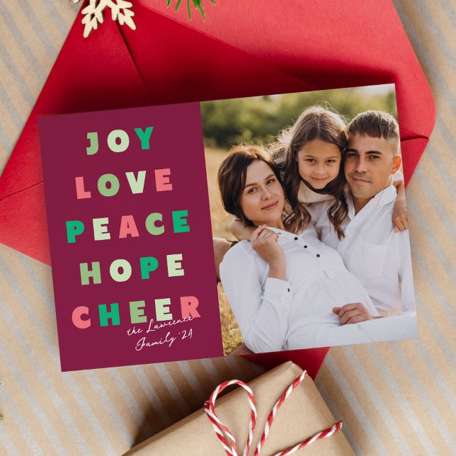 Modern Typography Joy Love Peace Hope Cheer Holiday Card (modern, fun typography Christmas photo card)