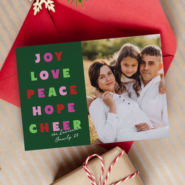 Modern Typography Joy Love Peace Hope Cheer Holiday Card (pink, red and green modern typography Christmas photo card)
