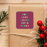 Modern Typography Joy Love Peace Hope Christmas Square Sticker<br><div class="desc">A simple,  modern,  bold and colourful typography Christmas sticker in red and green with the words,  "joy,  love,  peace,  hope,  cheer".</div>