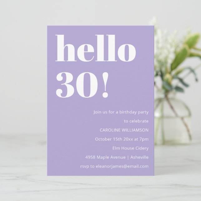Modern Typography Lavender 30th Birthday Party Invitation (Standing Front)