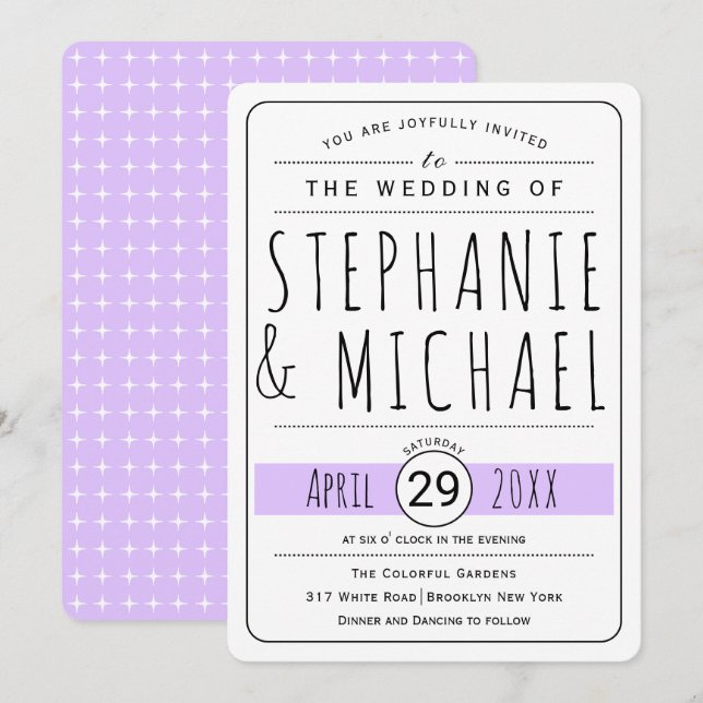 Modern typography lavender wedding rounded invitation (Front/Back)