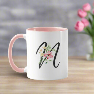 Modern Typography Letter "N" Feminine Flowers Mug