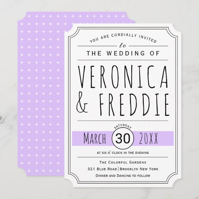 Modern typography levender purple wedding invitation (Front/Back)