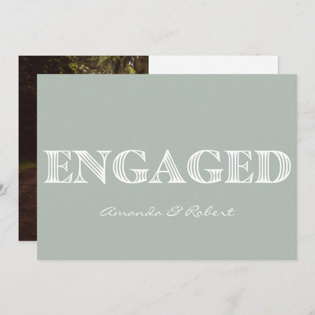 Modern Typography Light Sage Photo Engagement  Announcement (Front/Back)