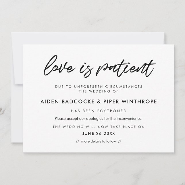 Modern typography Love is patient wedding card (Front)