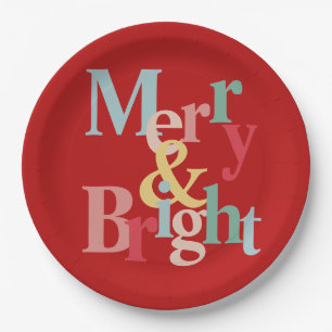 Modern typography Merry and bright red Paper Plate
