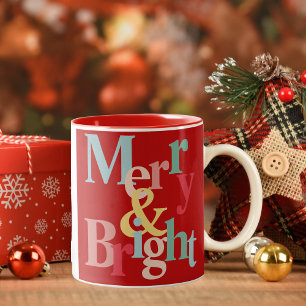 Modern typography Merry and bright red Two-Tone Coffee Mug