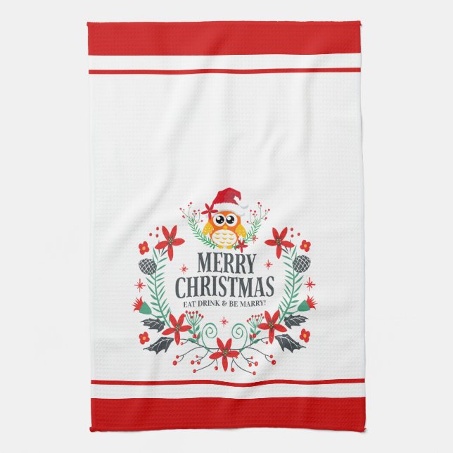 Modern Typography Merry Christmas Christmas Owl Tea Towel (Vertical)