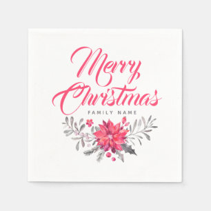 Modern Typography Merry Christmas & Floral Bouquet Napkin