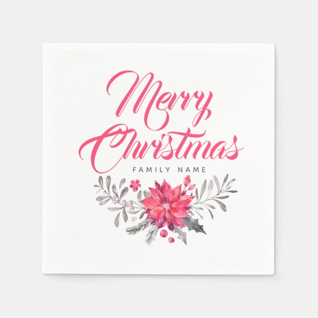 Modern Typography Merry Christmas & Floral Bouquet Napkin (Front)