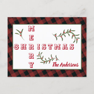 Modern typography Merry Christmas plaid  Holiday Postcard