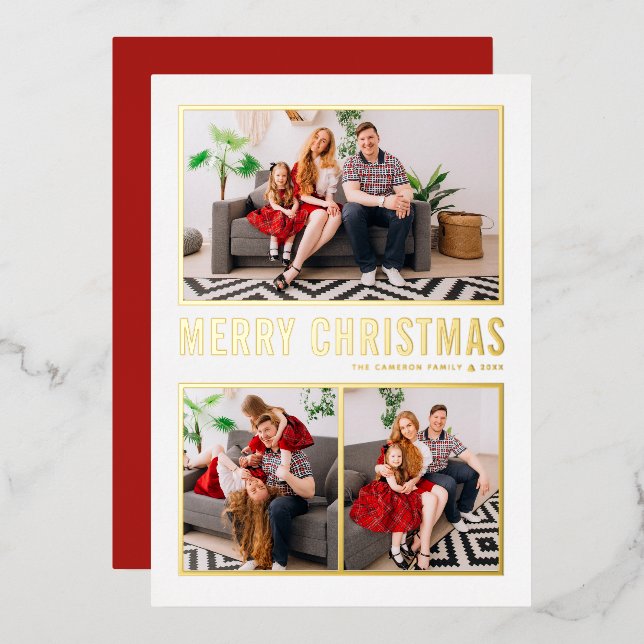 Modern Typography Merry Christmas Three Photo Foil Holiday Card (Front/Back)