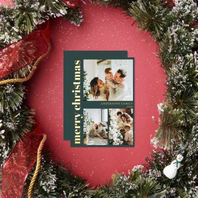 Modern Typography Minimal Green Merry Christmas Foil Holiday Card (Insitu)