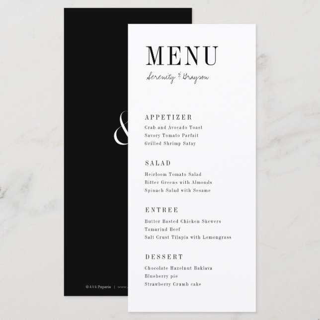 Modern typography minimalist black and white menu (Front/Back)
