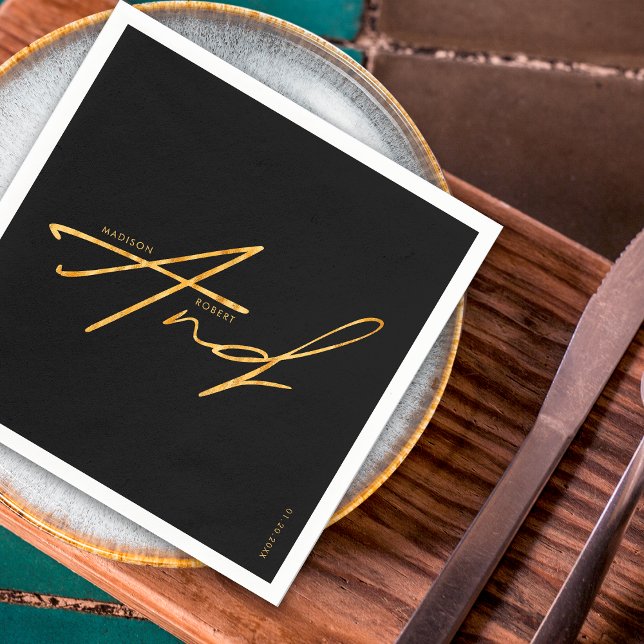 Modern Typography Minimalist Black Gold Wedding Napkin (Creator Uploaded)