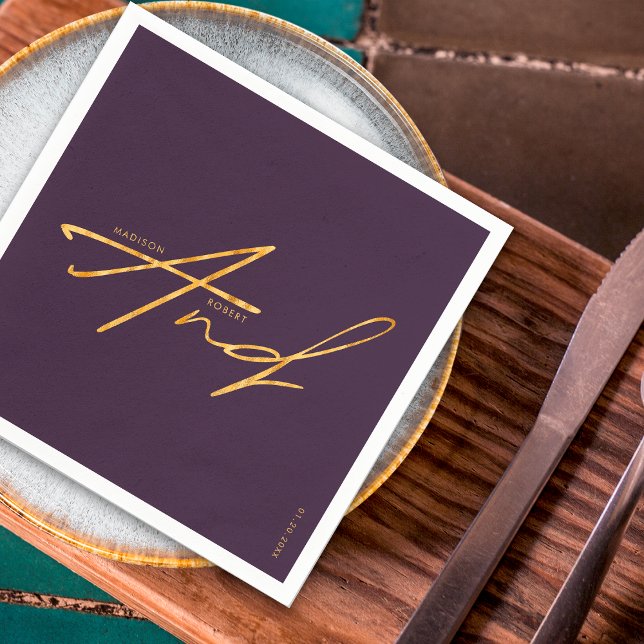 Modern Typography Minimalist Purple Gold Wedding Napkin (Creator Uploaded)