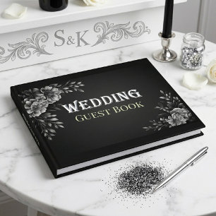 Modern Typography Monochrome Black White Wedding  Guest Book