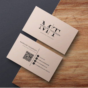 Modern Typography Monogram Boho Cream QR code Business Card