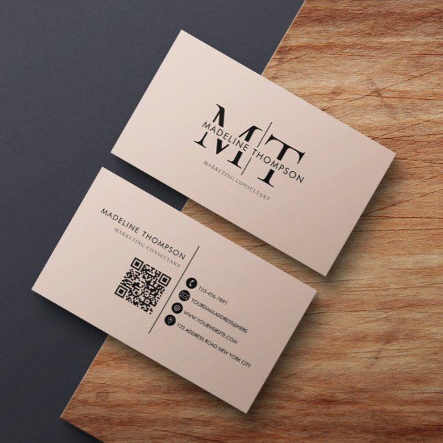 Modern Typography Monogram Boho Cream QR code Business Card (Creator Uploaded)