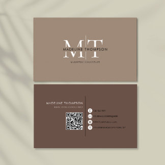Modern Typography Monogram Khaki And Brown QR code Business Card
