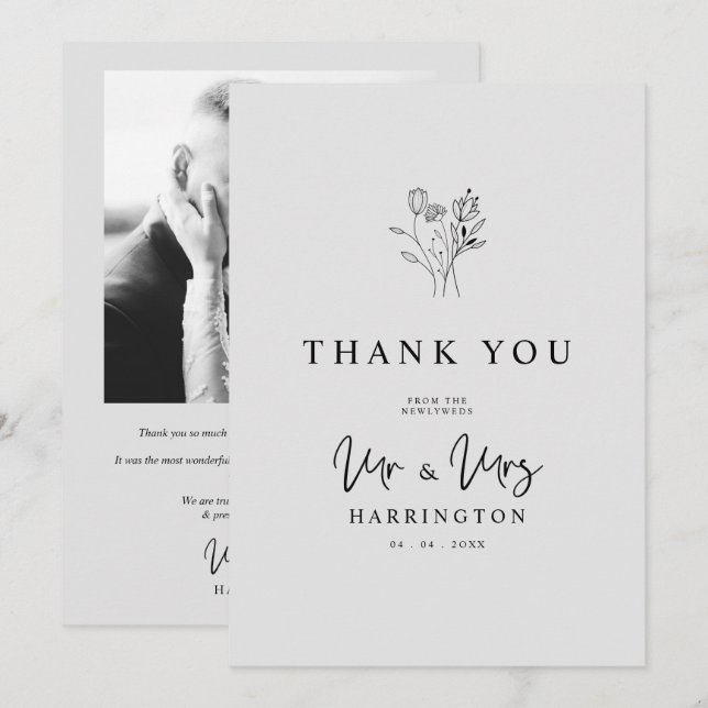 Modern Typography MR & MRS Floral Bouquet Photo  Thank You Card (Front/Back)