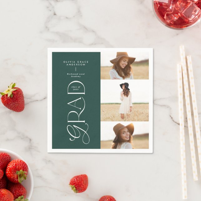 Modern typography multi photo graduate dark green napkin (Insitu)