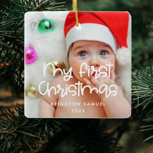 Modern typography My First Christmas baby photo Ceramic Ornament