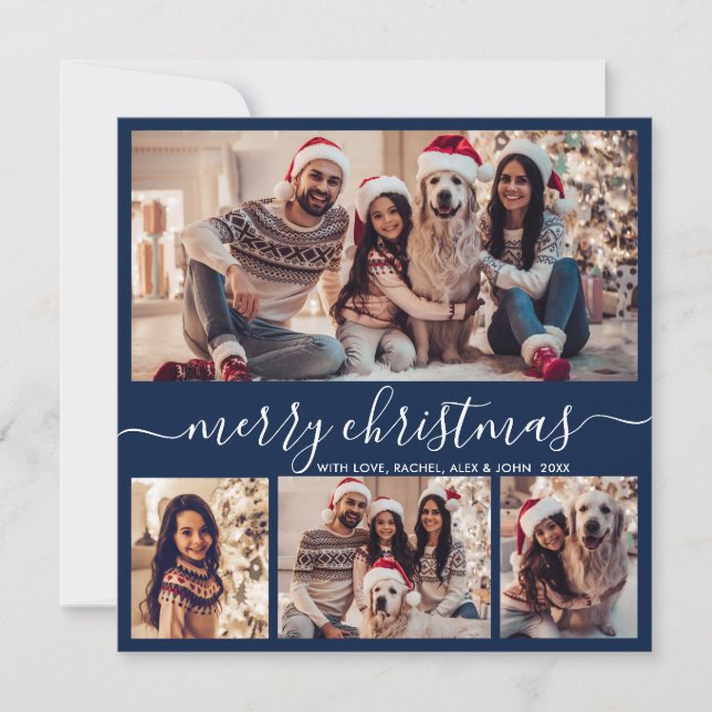 Modern Typography Navy 5 Photo Collage Christmas Holiday Card (Front)