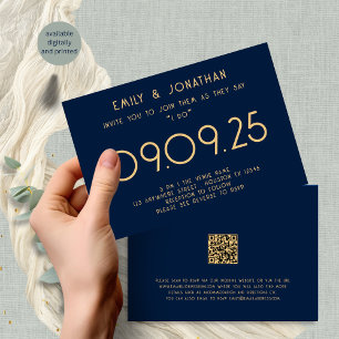 Modern Typography Navy Blue Gold Wedding Invitation
