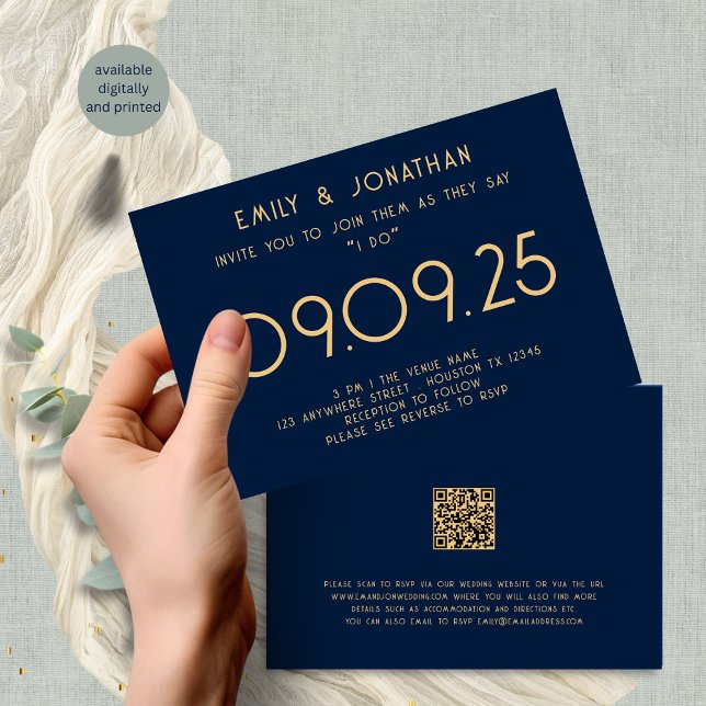 Modern Typography Navy Blue Gold Wedding Invitation (Front and back view)