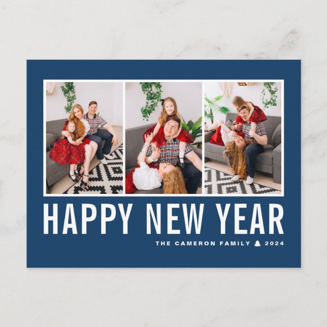 Modern Typography Navy Blue Photo Collage New Year Holiday Postcard (Front)