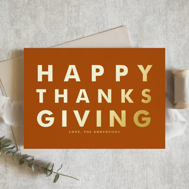 Modern Typography Orange Happy Thanksgiving Gold Foil Holiday Card (Creator Uploaded)