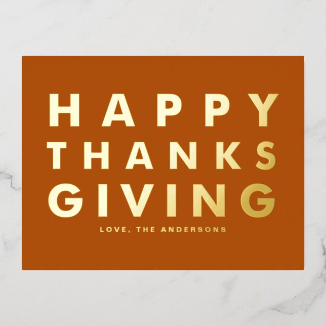 Modern Typography Orange Happy Thanksgiving Gold Foil Holiday Postcard (Front)