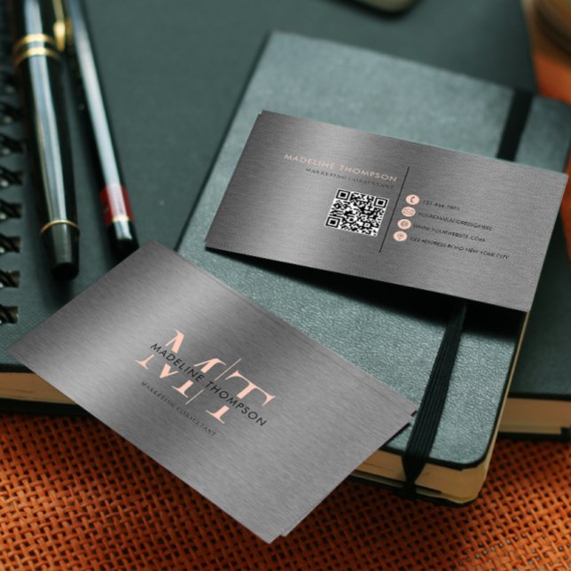 Modern Typography Orange Metallic Steel QR Code Business Card (Creator Uploaded)