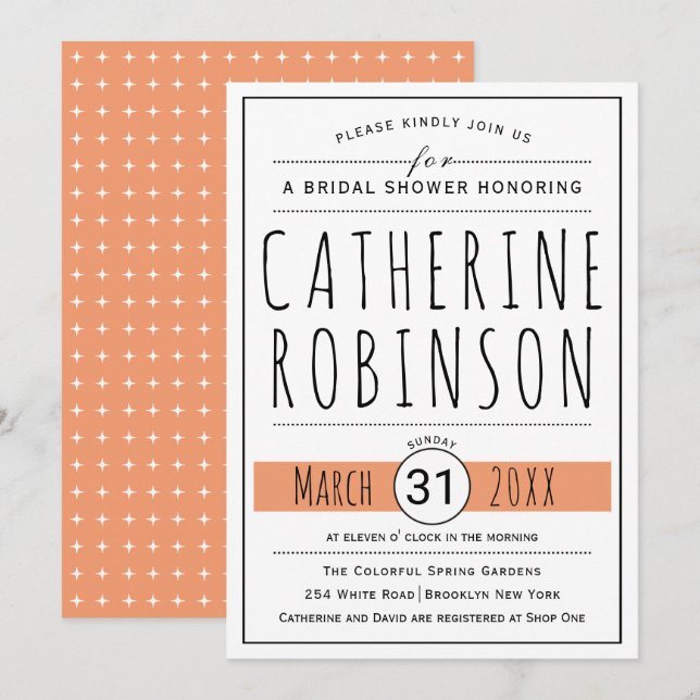 Modern typography peach wedding bridal shower invitation (Front/Back)