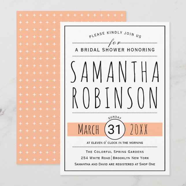 Modern typography peach wedding bridal shower invitation (Front/Back)