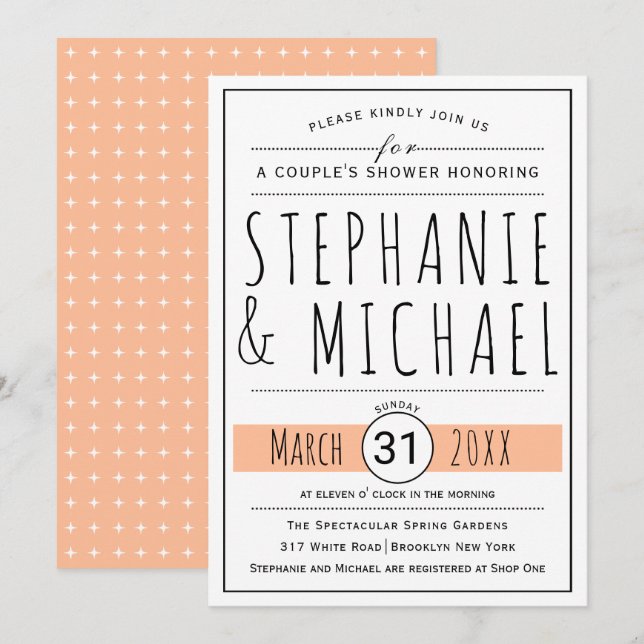 Modern typography peach wedding couple's shower invitation (Front/Back)