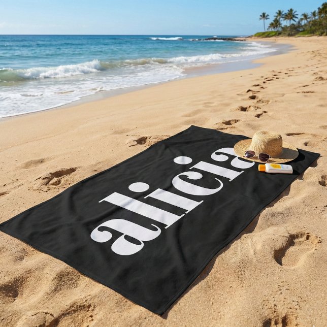 Modern Typography Personalised Name Black White Beach Towel (Creator Uploaded)