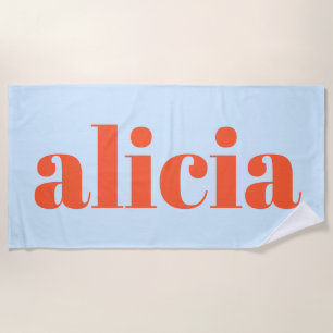 Modern Typography Personalised Name Blue Orange Beach Towel