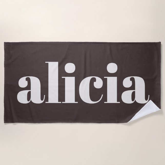 Modern Typography Personalised Name Brown White Beach Towel (Front)
