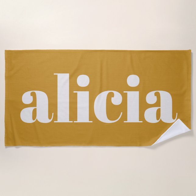 Modern Typography Personalised Name Mustard Yellow Beach Towel (Front)