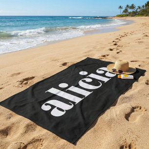 Modern Typography Personalized Name Black White Beach Towel