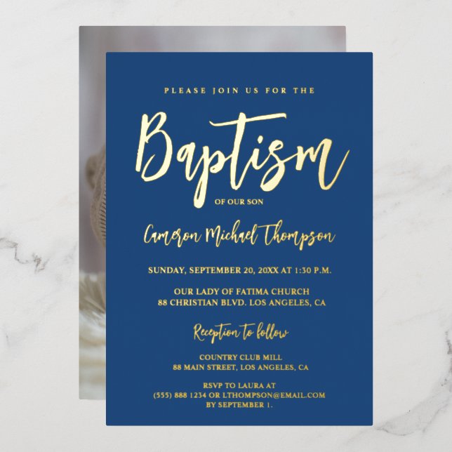 Modern Typography Photo blue gold Elegant Baptism  Foil Holiday Card (Front/Back)